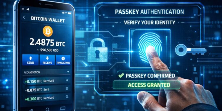 Una persona accediendo a una wallet de Bitcoin con passkey.
