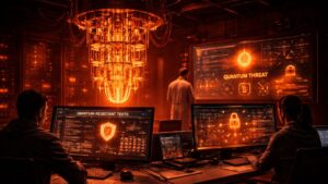 CIentรญficos trabajando en un centro de computaciรณn cuรกntica.