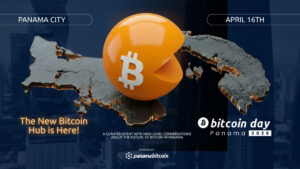 Promocional de Bitcoin day Panamá 2026, ciudad de Panamá, 16 de abril. Esfera naranja sin una porción, con el logo de Bitcoin en blanco, sobre un mapa de Panamá