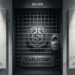 Un bloque con a la derecha con el logo de Bitcoin en dorado a la derecha, un bloque a la izquierda con el logo de Ethereum y en el centro una moneda de stablecoin detrás de rejas.