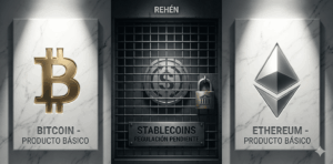 Un bloque con a la derecha con el logo de Bitcoin en dorado a la derecha, un bloque a la izquierda con el logo de Ethereum y en el centro una moneda de stablecoin detrás de rejas.