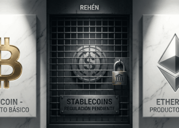 Un bloque con a la derecha con el logo de Bitcoin en dorado a la derecha, un bloque a la izquierda con el logo de Ethereum y en el centro una moneda de stablecoin detrás de rejas.