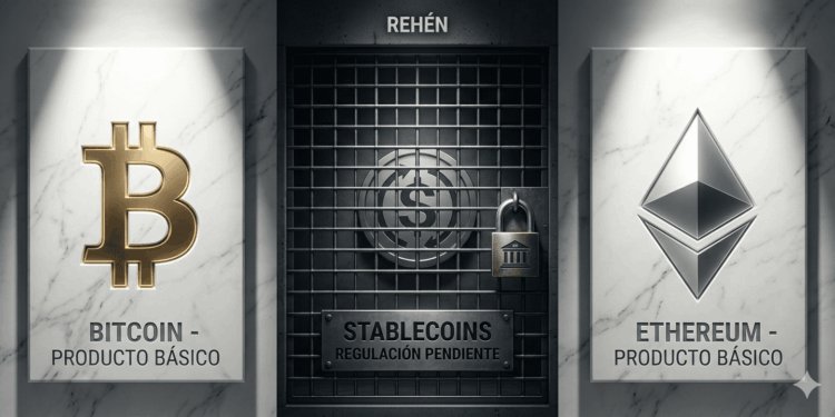 Un bloque con a la derecha con el logo de Bitcoin en dorado a la derecha, un bloque a la izquierda con el logo de Ethereum y en el centro una moneda de stablecoin detrรกs de rejas.