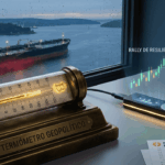 Un termómetro sobre un escritorio junto a un gráfico holográfico que muestra un repunte partiendo del número 70 mil y de fondo una ventana con un barco sobre el oceano.