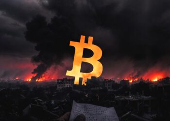 Símbolo de Bitcoin dorado flotando sobre una ciudad devastada por la guerra