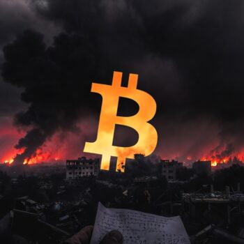 Símbolo de Bitcoin dorado flotando sobre una ciudad devastada por la guerra