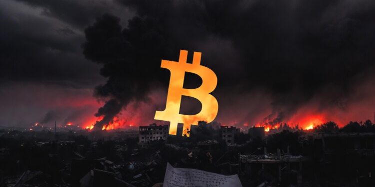 Símbolo de Bitcoin dorado flotando sobre una ciudad devastada por la guerra