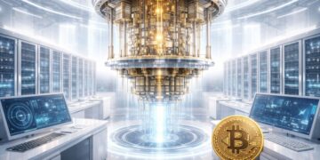 Una computadora cuántica en un laboratorio junto a una moneda de Bitcoin.