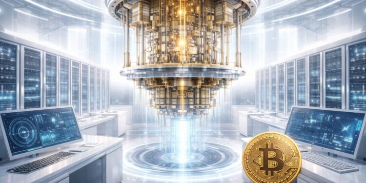 Una computadora cuántica en un laboratorio junto a una moneda de Bitcoin.