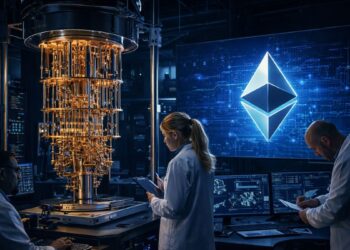 cientificos trabajando en un laboratorio cuántico.