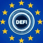 Bandera del BCE con un logo de DeFi en el medio