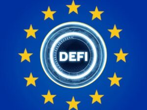 Bandera del BCE con un logo de DeFi en el medio