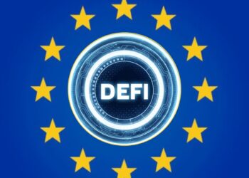 Bandera del BCE con un logo de DeFi en el medio