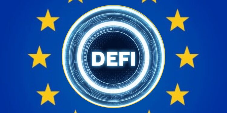 Bandera del BCE con un logo de DeFi en el medio