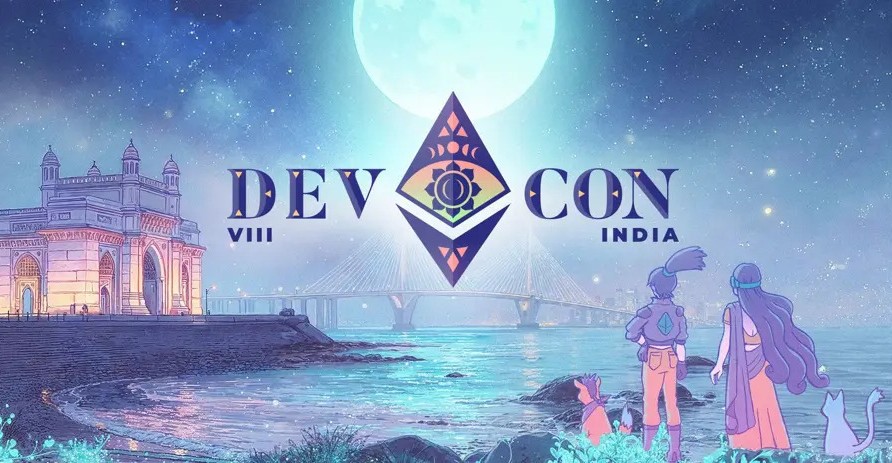 Devcon 8 India con ícono de ethereum en el centro sobre un fondo referente a India