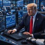 Donald Trump operando en un centro financiero con robots de IA.
