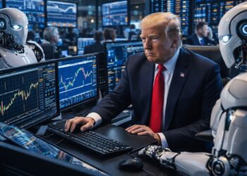Donald Trump operando en un centro financiero con robots de IA.