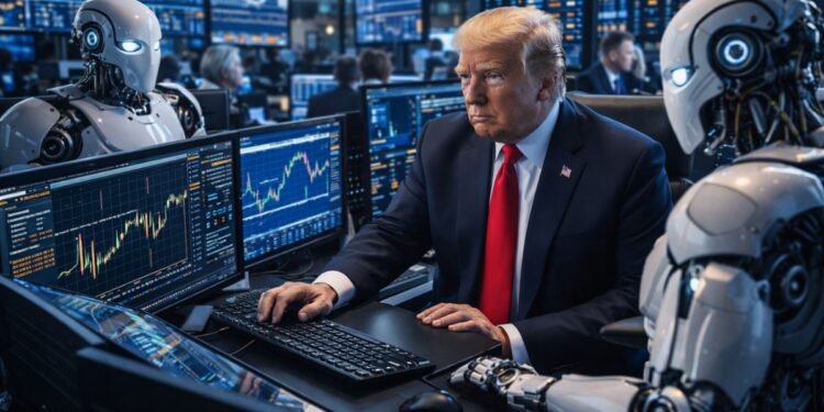 Donald Trump operando en un centro financiero con robots de IA.