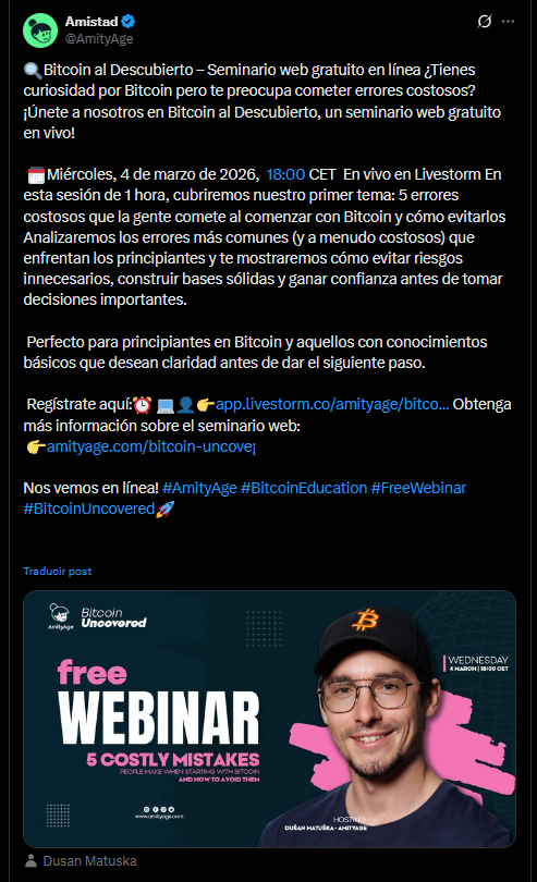 Una captura de un mensaje en X de la academia de Bitcoin AmityAge para la educación sobre Bitcoin en Honduras.
