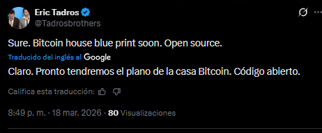 Un mensaje en X de Eric Tadros, uno de los fundadores de Liberty City, desarrolladora de viviendas para la minería de Bitcoin.