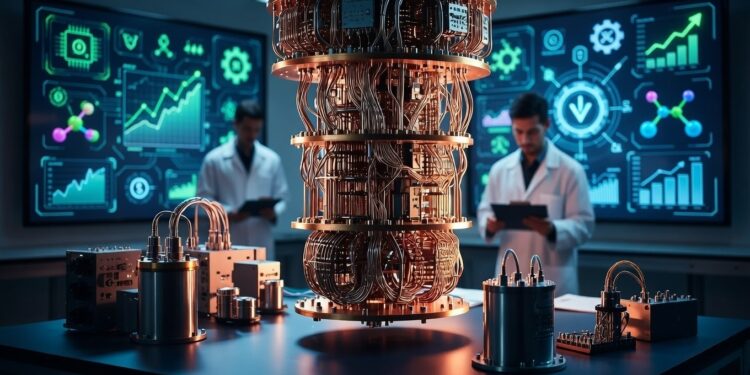 Cientificos trabajando en un laboratorio de computación cuántica.