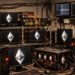 Computadoras conectadas entre sí con el logo de la red Ethereum.