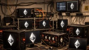 Computadoras conectadas entre sí con el logo de la red Ethereum.
