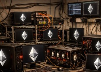 Computadoras conectadas entre sí con el logo de la red Ethereum.