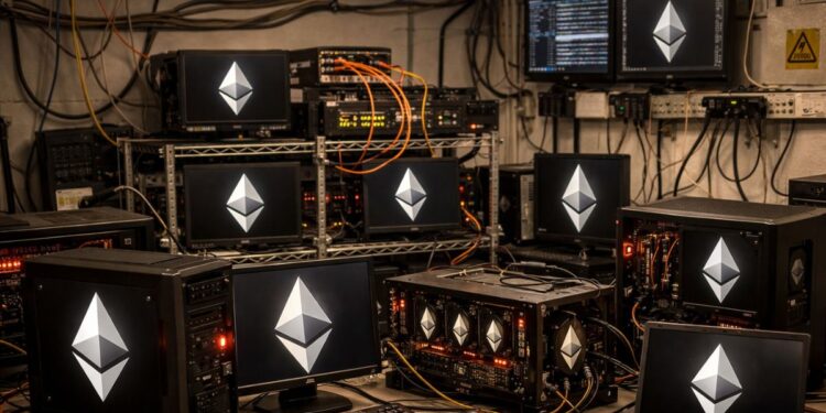 Computadoras conectadas entre sí con el logo de la red Ethereum.