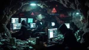 Un grupo de hackers operando en una cueva.