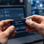 Una persona firmando una transacciรณn en un dispositivo de criptomonedas.