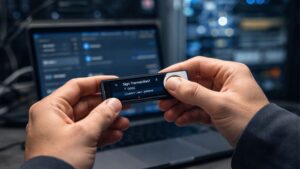 Una persona firmando una transacciรณn en un dispositivo de criptomonedas.