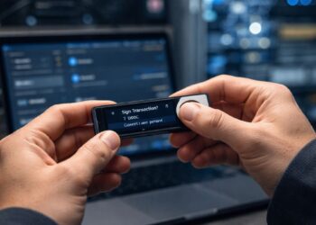 Una persona firmando una transacción en un dispositivo de criptomonedas.