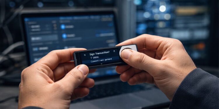 Una persona firmando una transacción en un dispositivo de criptomonedas.