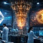 Un laboratorio cuรกntico con pantallas gigantes. Una moneda de Ethereum y otra de Bitcoin.