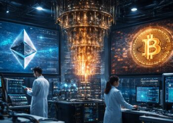 Un laboratorio cuántico con pantallas gigantes. Una moneda de Ethereum y otra de Bitcoin.