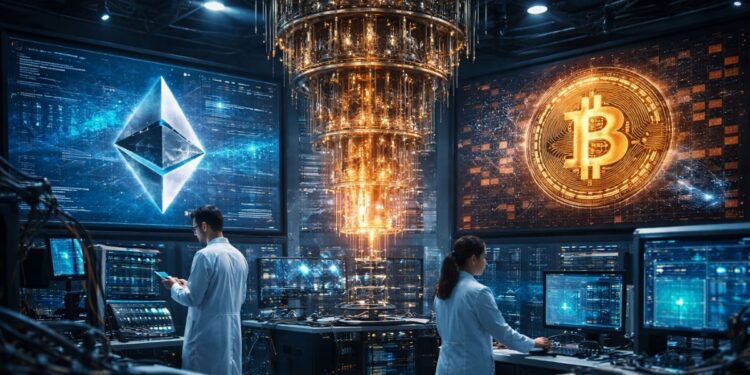 Un laboratorio cuántico con pantallas gigantes. Una moneda de Ethereum y otra de Bitcoin.