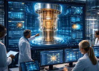 Cientificos e investigadores trabajando en una laboratorio cuántico.