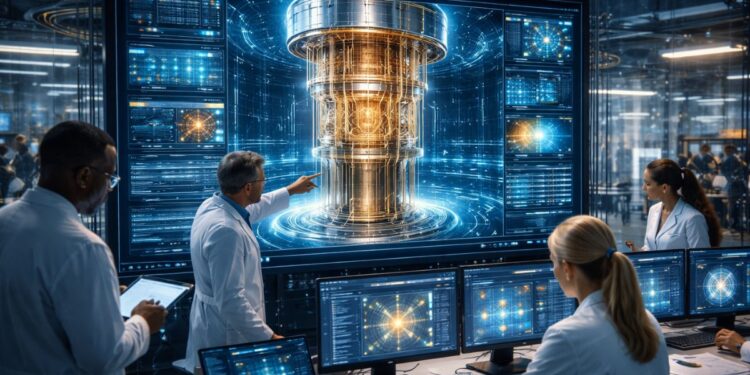 Cientificos e investigadores trabajando en una laboratorio cuántico.