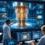 Cientificos trabajando en un centro de computacion cuantica.