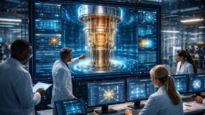 Cientificos trabajando en un centro de computacion cuantica.