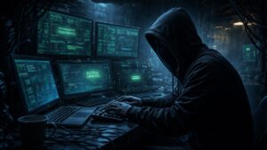 Un hacker operando desde una cueva.