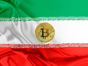 bandera de Irán con una moneda de bitcoin en el centro