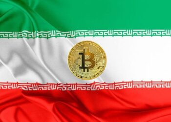 bandera de Irán con una moneda de bitcoin en el centro