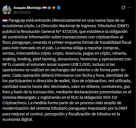 Un tuit de Joaquรญn Morinigo, miembro de la comunidad paraguaya de Bitcoin, destacando los datos que ahora se deben reportar al fisco, por operaciones con activos digitales.