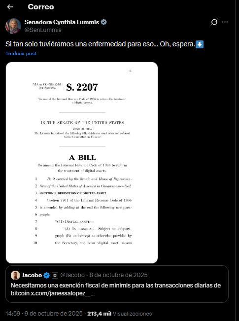 Cynthia Lummis en X informando sobre una propuesta minimis para bitcoin.