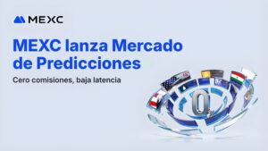 Banner promocional de MEXC, que lanza Mercado de Predicciones, con cero comisiones y baja latencia, con la imagen de un cero por ciento, rodeada por múltiples ventanas de ejemplos del mercado de predicciones