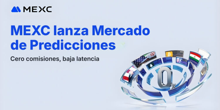 Banner promocional de MEXC, que lanza Mercado de Predicciones, con cero comisiones y baja latencia, con la imagen de un cero por ciento, rodeada por mรบltiples ventanas de ejemplos del mercado de predicciones