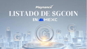 Banner promocional: Playnance anuncia el listado de $GCOIN en MEXC, con monedas con la letra G alrededor de la composición