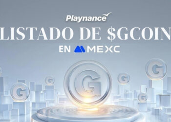 Banner promocional: Playnance anuncia el listado de $GCOIN en MEXC, con monedas con la letra G alrededor de la composición